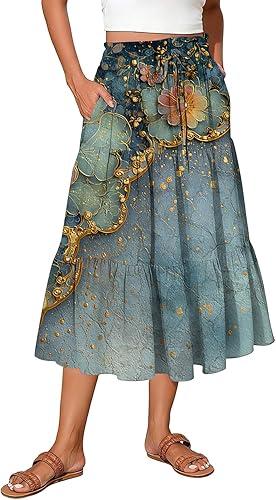 KIKX0DE Womens Summer Fashion Midi Skirts Elastic High Waist Skirt Floral Casual Knee Length Skirt with Pockets