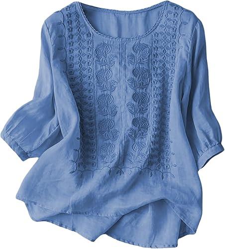 Womens Cotton Linen Embroidered 3/4 Sleeve Summer Crew Neck Tunic Bohemian Tops Boho Clothes for Women