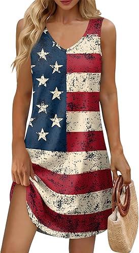 Women's 4Th of July Dresses Fourth Outfit US 250 Years Anniversary Dress V Neck American Flag Sundresses, S-3XL