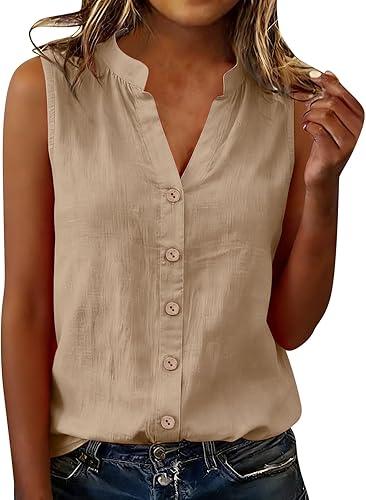 Oplxuo Womens Sleeveless Button Down Shirts Cotton Linen Tank Tops V Neck Dressy Casual Loose Blouses Business Work Tops