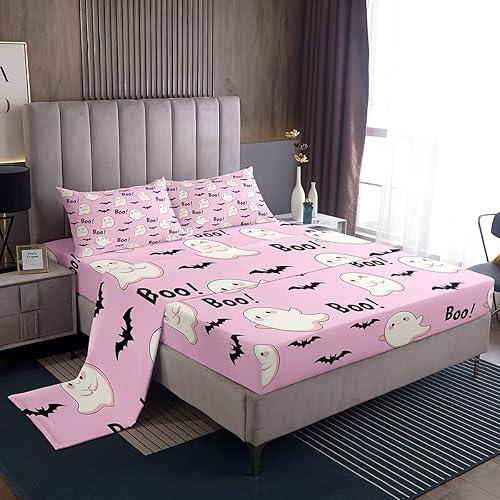 Feelyou Happy Halloween Bed Sheets Set Full Size Cute Ghost Bed Set for Kids Boys Girls Gothic Bats Deep Pocket Fitted Sheet Halloween Breathable Soft Lightweight Microfiber