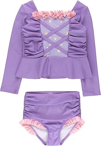 RuffleButts Girls UPF50+ Princess Dress-Up Long Sleeve Rash Guard 2-Piece Swimsuit