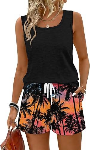 Hawaiian Outfits For Women Summer 2 Piece Sets Beach Sleeveless Scoop Neck Tank Tops Shorts Sets Clothing