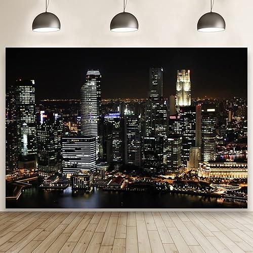 Laeacco 12x8ft Aerial View Famous Big City Backdrop for Photography Modern City Night View Background Skyscraper Urban Light Skyline Birthday Party Banner Online Live Broadcast Video Prop Photo Studio
