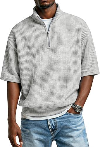 Short Sleeve Waffle Shirts for Men Quarter Zip Pullover Casual Stand Collar Polo Shirt Textured Knit Tops, S-4XL
