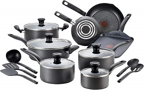 T-fal Initiatives Nonstick Cookware Set 18 Piece, Oven Broiler Safe 350F, Kitchen Cooking Set w/Fry Pans, Saucepans, Stockpots, Skillet, Spoons, Lids Pots and Pans Set Non Stick Dishwasher Safe Black