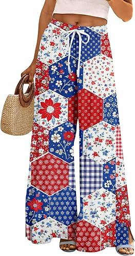 Womens Summer Wide Leg Pants Flowy High Waist Trousers 4Th of July Flag 250 Anniversary USA Drawstring Pants