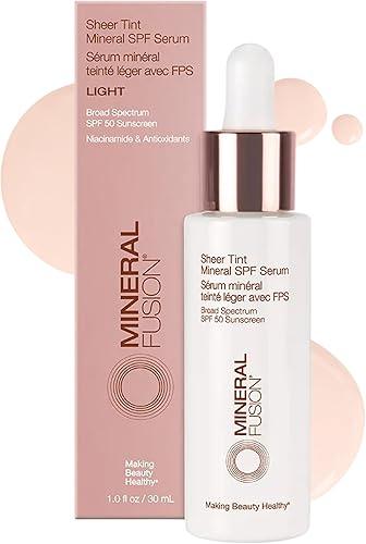 Mineral Fusion Sheer Tint SPF Face Serum (Light) - Tinted Broad Spectrum SPF 50 Mineral Zinc Oxide Sunscreen - Sheer Coverage Makeup, Lightweight & Dewy Finish - With Niacinamide, Aloe Vera - 1 Fl Oz