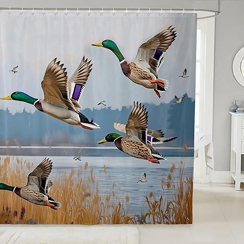 Erosebridal Rustic Duck Shower Curtain 72" Wx72 L - Countryside Wild Ducks Bathroom Shower Curtain Sets - Natural Lake Scenery Farmhouse Waterproof Bath Curtains - Mallard Duck Bathroom Decorative