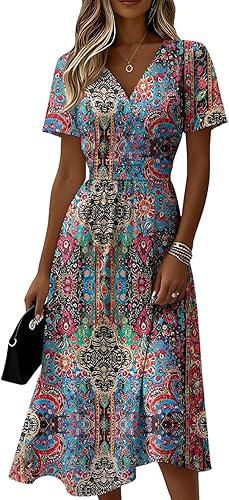 Womens Summer Spring Short Sleeve Midi Dress Plus Size Flowy Casual Vneck Ruched Elegant Formal Floral A Line Dress