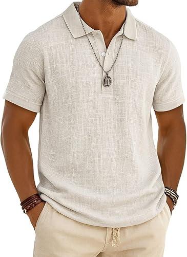 Mens Linen Polo Shirt Short Sleeve Summer Beach Vacation Cotton Linen Shirt Casual Lightweight Button Henley Top