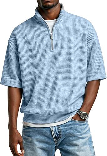 Short Sleeve Waffle Shirts for Men Quarter Zip Pullover Casual Stand Collar Polo Shirt Textured Knit Tops, S-4XL