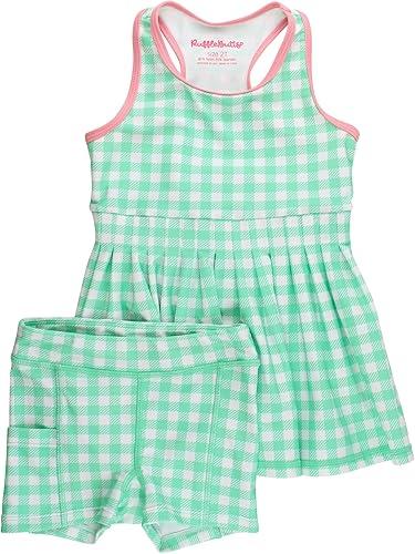 RuffleButts Girls Athletic Active Tiered Dress and Bike Short Set Outift