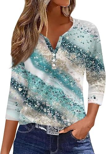 Womens 3/4 Sleeve Tops 2026 Petite Henley Shirts Casual Trendy Button T Shirts Summer Basic Tunic