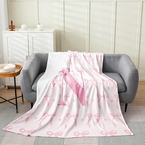 jejeloiu Cute Pink Bow Gifts Fleece Throw Blanket 40"x50",Personalized Letter N Girls Flannel Blanket Plush Fuzzy,Cute Coquette Bow Knot Soft for Bed Couch Chair,Initial Letter N Monogrammed