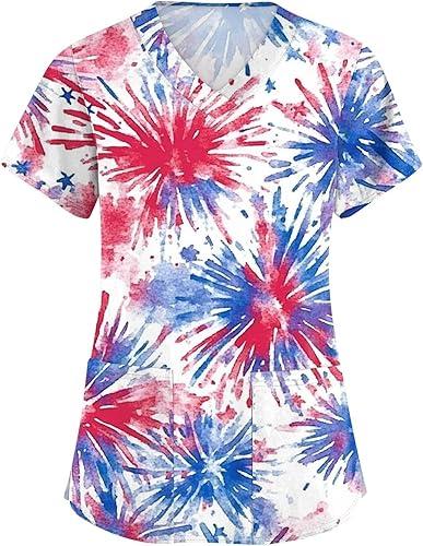 HXHYQKP Fourth of July Scrub Tops Women Scrubs for Women Patriotic Shirts V Neck Pattern Short Sleeve Nursing Top