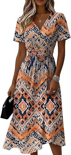 Womens Summer Spring Short Sleeve Midi Dress Plus Size Flowy Casual Vneck Ruched Elegant Formal Floral A Line Dress