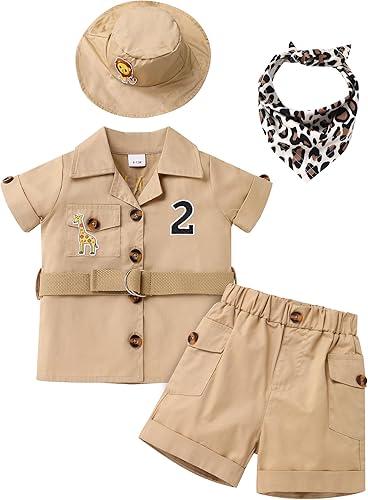 IBTOM CASTLE Baby Boy Safari Outfit First Birthday Jungle Explorer Shirt + Shorts + Hat + Bandana for Cake Smash Photoshoot