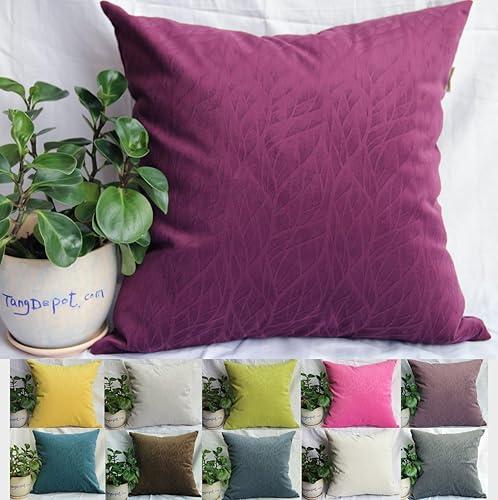 TangDepot Solid Velvet Decorative Pillow Covers/Euro Pillow Shams, Super Soft Velour, Micro Embossed Leaf Texture and Shape - (28"x28", Wine)
