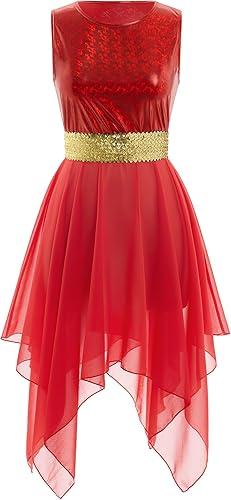 AFAVOM Women Metallic Sequin Praise Dance Dress Asymmetric Ruffle Overlay Dress Liturgical Lyrical Dancewear Worship Costume