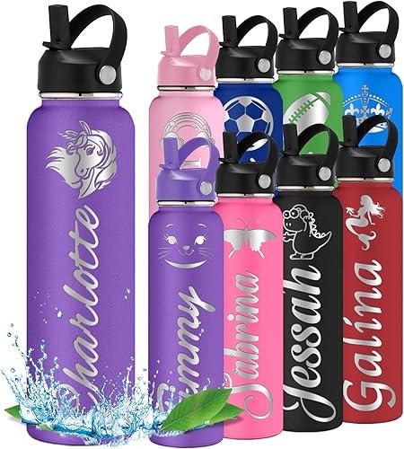 Custom Water Bottle Personalized Cups for Kids Water Bottles with Name 12 18 24 32 40 oz for School Customized Engraved Insulated Stainless Steel Bottles Purple Style 2