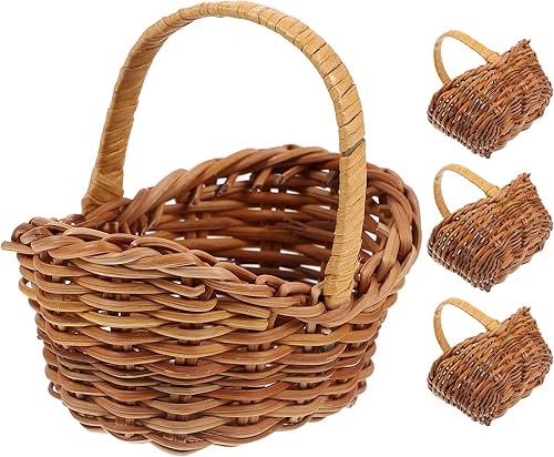 Totority Mini Rattan Basket Set of 4, Handwoven Small Baskets with Handles for Wedding Decor, Diy Crafts, Dollhouse, Rustic Home And Party Decoration, Light Brown Natural Woven Containers