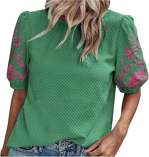 Womens Embroidered Puff Short Sleeve Tops Dressy Casual Crewneck Shirts Loose Textured Floral Embroidery Blouses