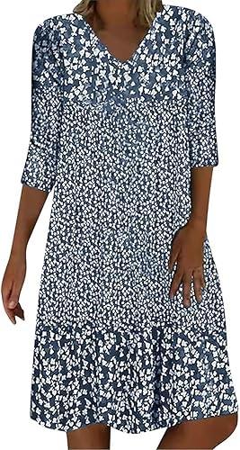 3/4 Sleeve Knee Length Dress for Women Casual Comfy Loose Fit Midi Dresses Women's Summer Boho Floral Dresses 2025