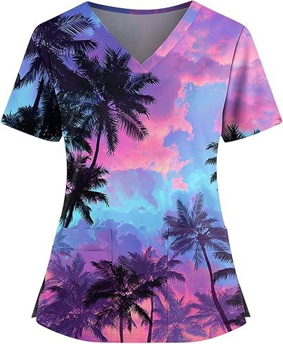 Women's Hawaiian Print Scrub Top Plus Size V Neck Short Sleeve Nurse Scrubs with Pocket Fun Nursing & Medical Uniform