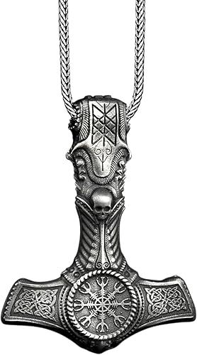 BySilverStone - Norse Hammer with Skull Mens Silver Necklace, Gothic Scandinavian Inspired Pendant Jewelry