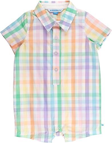 RUGGEDBUTTS Baby Boys Woven Short Sleeve Button-Up Romper