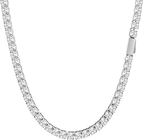 SDA Iced Out Diamond Tennis Chain Necklace Stainless Steel Water Proof Never Fade Necklaces for Women and Men 3.0mm/4.0mm/5.0mm Round 5A Cubic Zirconia