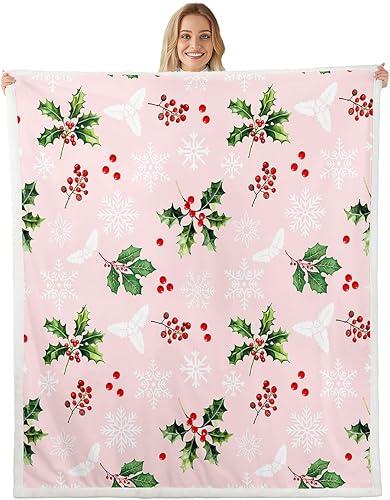 Feelyou Kids Christmas Theme Fleece Throw Blanket Queen 90"x90" Xmas Flowers Floral Sherpa Blanket Plush Fuzzy for Boys Girls Teens Pink Winter Snowflake Green Leaves for Bed Couch Chair Living Room