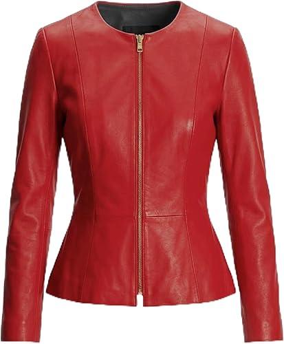Women's Lambskin Leather Peplum Jacket - Drowned Collarless Style Genuine Leather Jackets for Women — 5% off