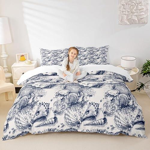Homewish Coastal Style Bedding Sets King Size,Nautical Beach Duvet Cover Set 3Pcs for Kids Girls Boys Adult Room Decor,Conch Shell Comforter Cover Vintage Sketch Style Quilt Cover,2 Pillowcases