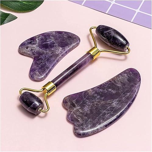 AMAZWI Amethyst Rough Stone Amethyst Gouache Scraper Gua Sha Massage Tool Jade Roller Face Massager Lifting Anti-Wrinkle Beauty Skin Care Gouache Stone Set (Color : Type 1)