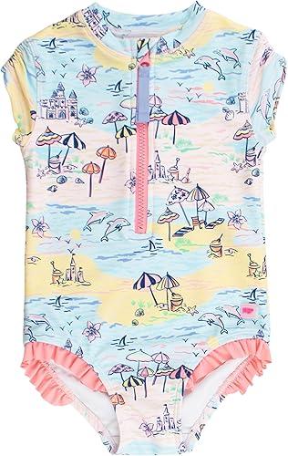 RuffleButts Girls UPF50+ Sun Protection Front Zipper Short Sleeve Rash Guard One Piece Swimsuit