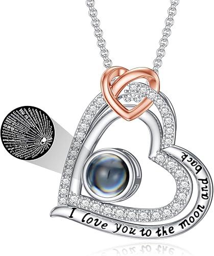 SOULMEET Personalized White Gold/Silver 100 Languages I Love You Projection Necklace Custom Picture Projection Pendant Gifts for Women Mom Wife on Christmas Valentine Mothers Day