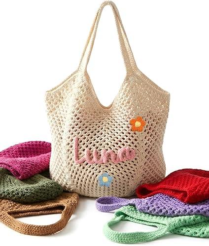 Custom Crochet Beach Bag for Women, Bridesmaids Gifts, Personalized Crochet Tote with Name, Lightweight & Foldable Beach Bag for Vacation,Travel,Pool,Daily Use