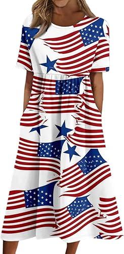 250th Anniversary Dresses for Women 2026 Crewneck USA Flag Printed Summer Short Sleeve Loose Fit Dress with Pockets