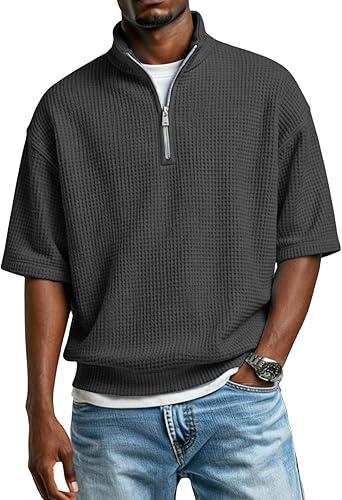 Mens Waffle Knit Quarter Zip Pullover Short Sleeve Casual Lightweight Tops for Daily and Casual Wear