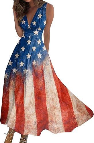 Women 4Th of July American Flag Tank Dress Swing Elegant V Neck Sexy 250 Anniversary USA Dress, S-2Xl