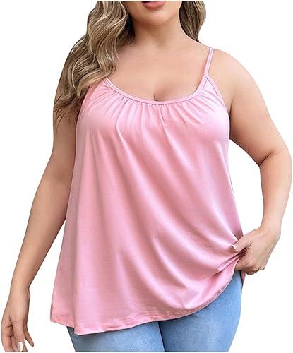 FZYLQY Camisole for Women Built in Bra Tank Tops Plus Size Flowy Cami Adjustable Spaghetti Strap Tanks Pleated Loose Tops