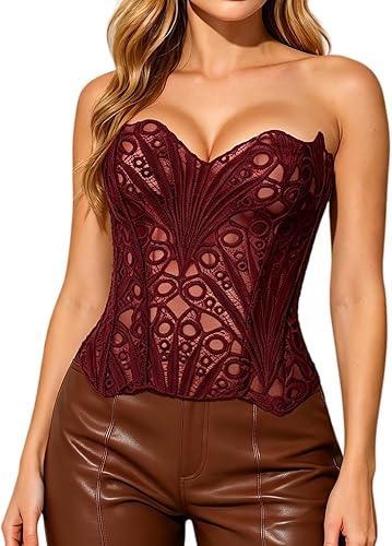 Corset Tops for Women Lace Up Overbust Bustier Sexy Floral Lace Waist Cincher Going Out Club Party Y2K Tops