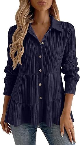 Oplxuo Women's Peplum Blouses Long Sleeve Collared Button Down Shirts Loose Fit Textured Babydoll Tops