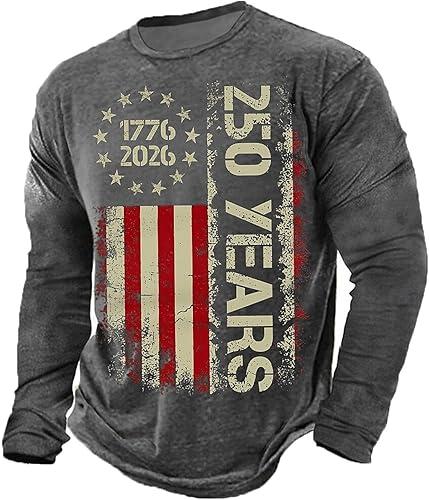 Men's 250 Years Print Long Sleeve Crewneck Tops United States 250Th Anniversary Freedom Shirt for Men, S-3XL