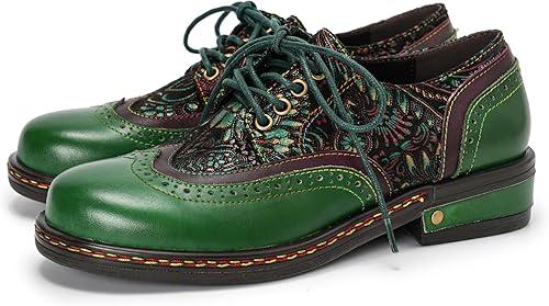 CrazycatZ Women's Leather Oxford Shoes Perforated Lace up Wingtip Colorful Leather Oxfords Vintage
