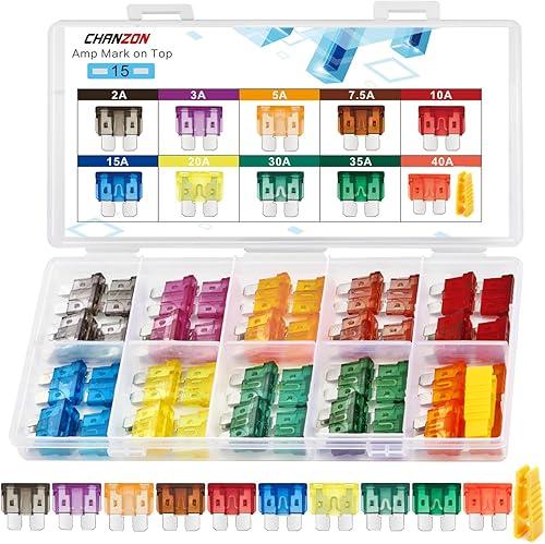 Chanzon UL Listed Standard Blade Fuse Assortment Kit ATC ATO APR 10 Values 5 Each:2A,3A,5A,7.5A,10A,15A, 20A, 30 Amp,35A,40A Spare Auto Fuses Set Assorted 32V 12V Car Truck RV Automotive Motor 50 Pack
