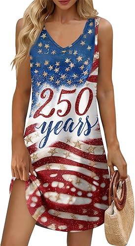 250 Years America Sun Dresses for Women Summer Dress Midi Sleeveless Casual Tank Dress,S-3XL