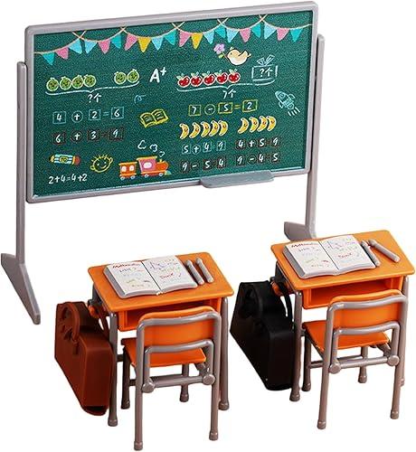 DOITOOL 1 Set Dollhouse Furniture School Desk Chair Blackboard Book Schoolbag - Miniature Doll School Decor Supplies Playset for Dollhouse Accessories, Orange